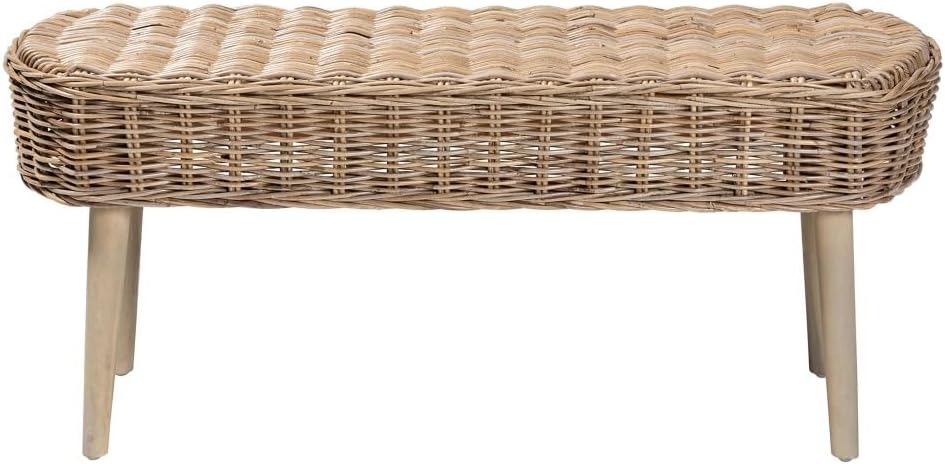 Accent Bench with Natural Kubu Rattan and Grey Acacia Wood for Living Room Entryway
