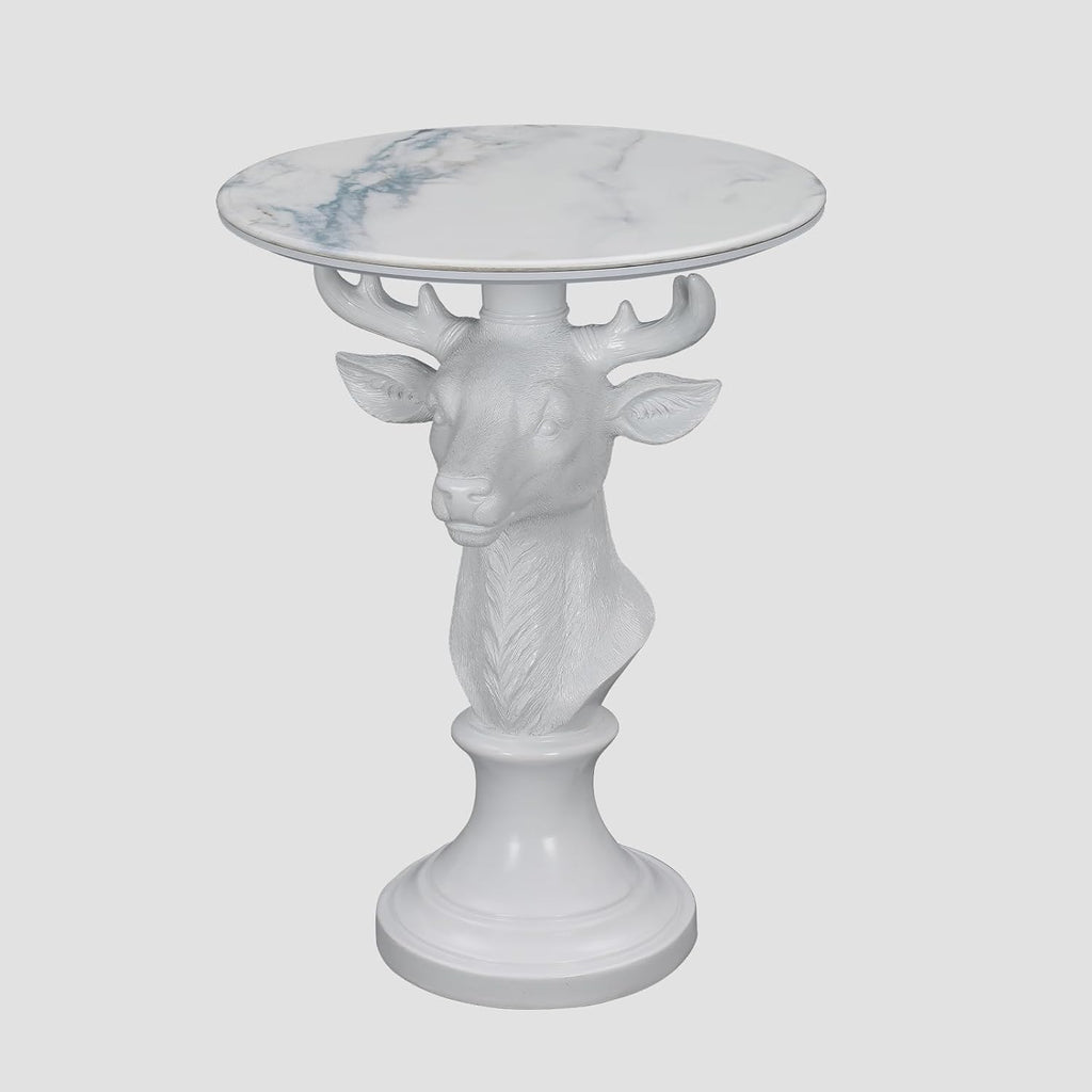 Modern Accent TableLiving Room White Deer Statue Contemporary‌ Faux Marble Night Stand Side Table with White Deer Base Reception Area & Bedroom（Width 19.69" ——Tall 25.59"）