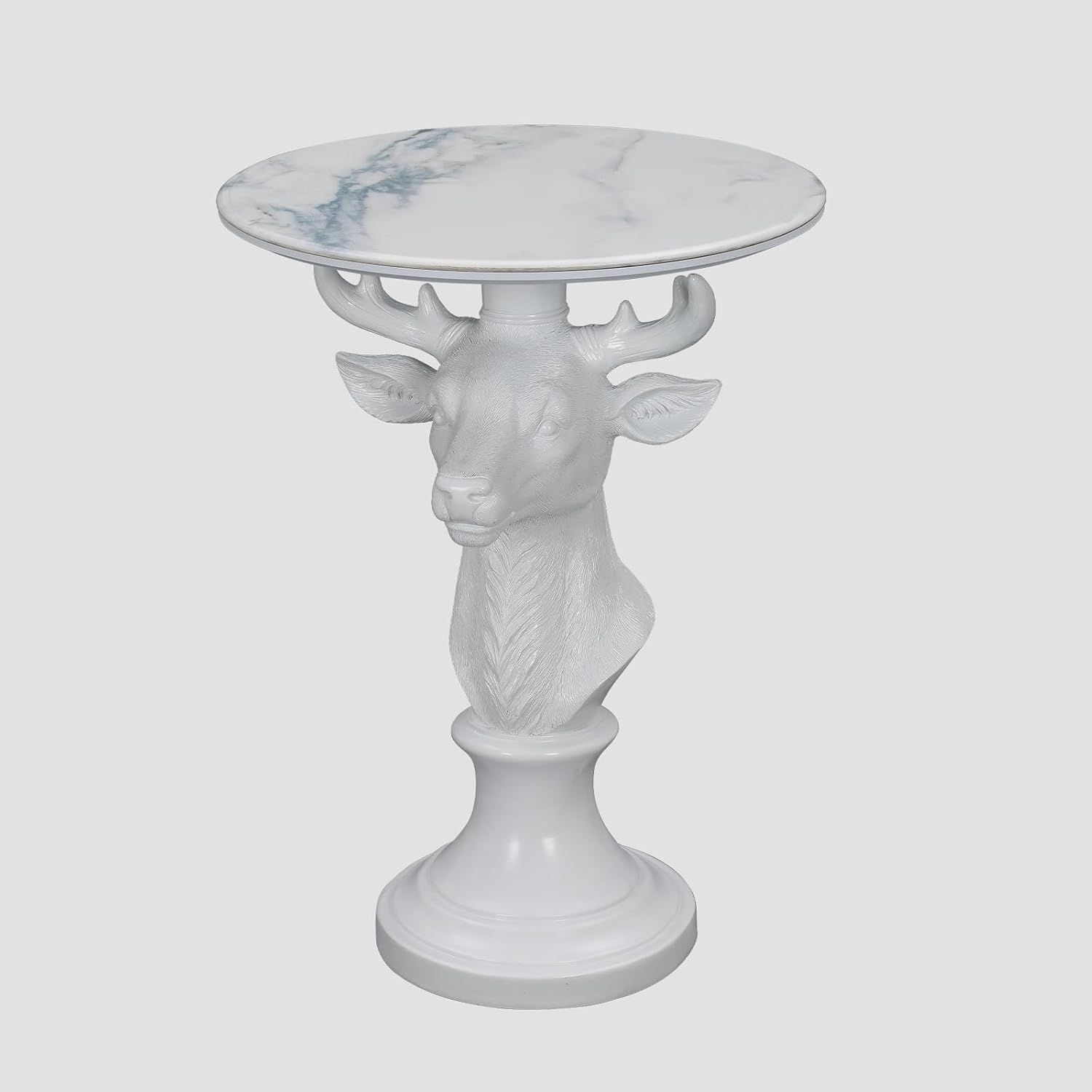 Modern Accent TableLiving Room White Deer Statue Contemporary‌ Faux Marble Night Stand Side Table with White Deer Base Reception Area & Bedroom（Width 19.69" ——Tall 25.59"）
