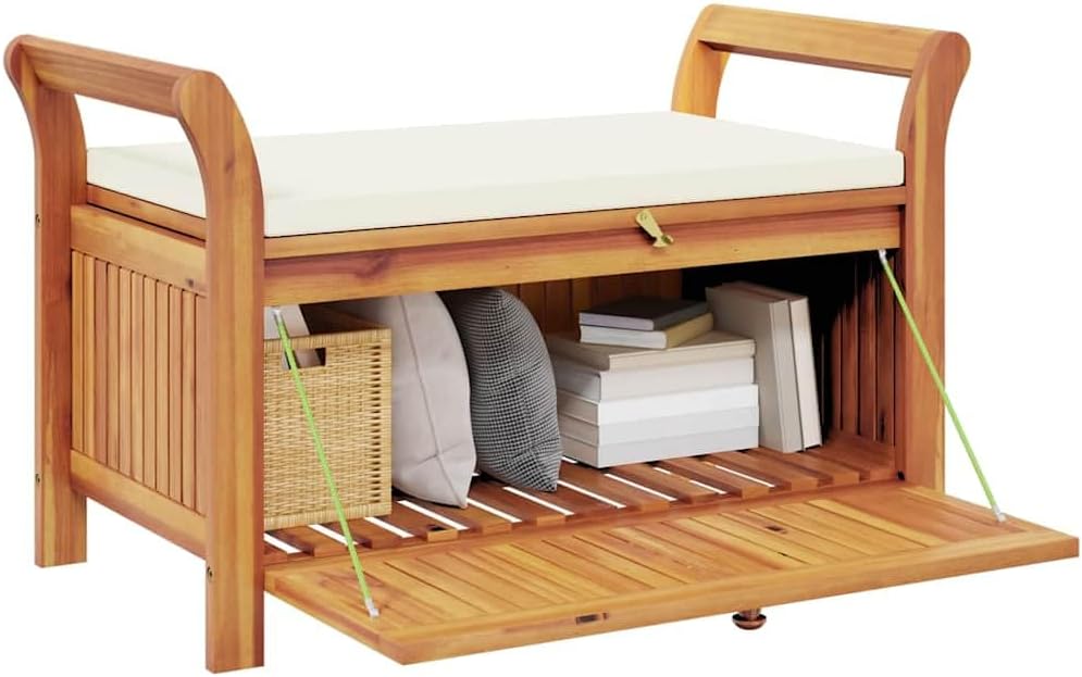 Natural Wood Acacia Garden Storage Bench for Two People with Cushion and Patio Seating