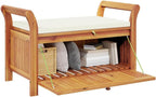 Solid Acacia Wood Patio Storage Bench with Cushion, 35.8 Inch Outdoor Garden Bench with Curved Arms and Ample Storage Space for Cushions and Pillows