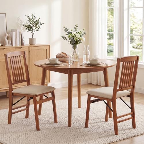 COSTWAY Solid Wood Folding Dining Chairs Set of 2 with Padded Seat, Walnut | 400 LBS Load Bearing, No Assembly Needed, Fabric Seat and Slatted Back, Vintage Foldable Chairs for Kitchen & Apartment