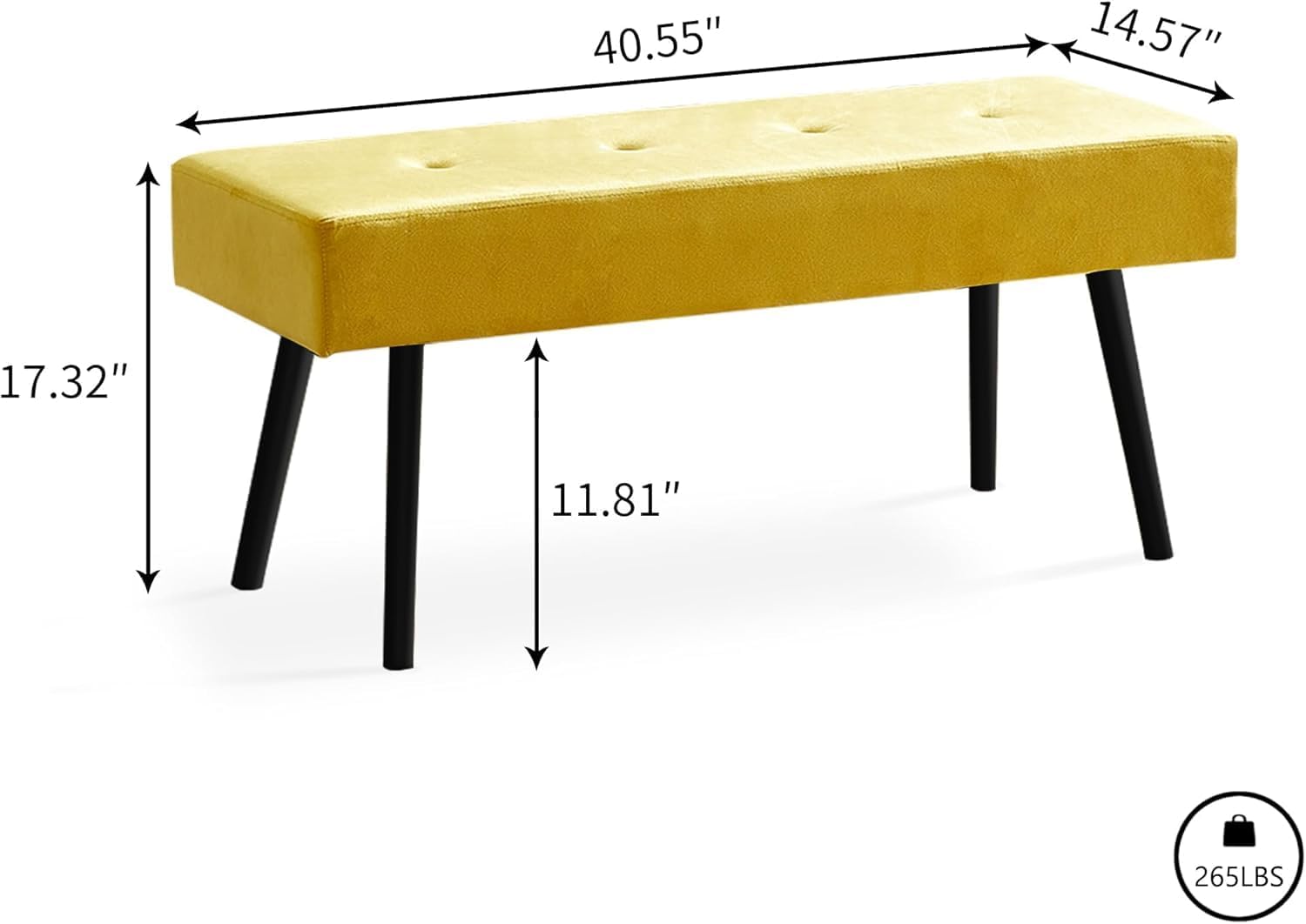 Modern Ottoman Bench, 40 Inch Upholstered Bench with Metal Legs, End of Bed Bench, Dining Bench for Living Room, Bedroom, Entryway, Yellow Velvet