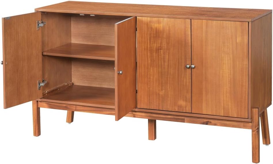 Saiveina Vintage Sideboard Buffet Cabinet, 56.8" W X 18" D X 34.2" H, 4-Door Storage Cabinet with Metal Handles, MDF & Acacia Veneer, Brown Finish for Dining Room or Living Room