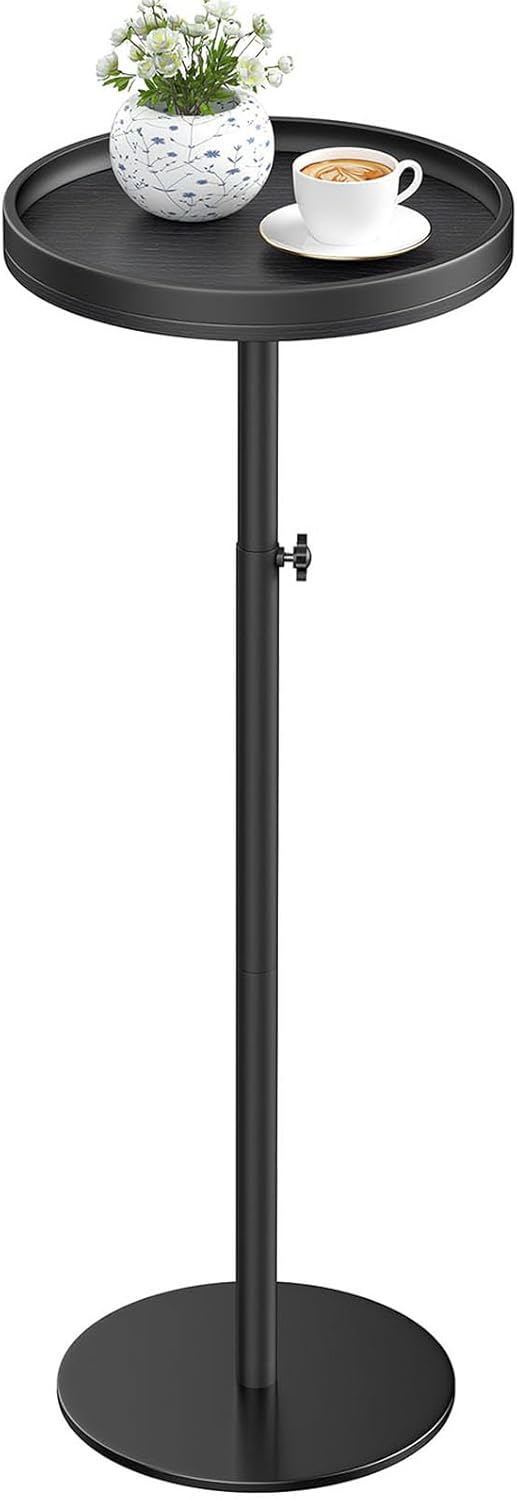 Height Adjustable Drink Table, Small Round Side Table, Weighted Martini Pedestal Tables for Small Spaces, Living Room, Bedroom, Sofa Couch, Office, Black