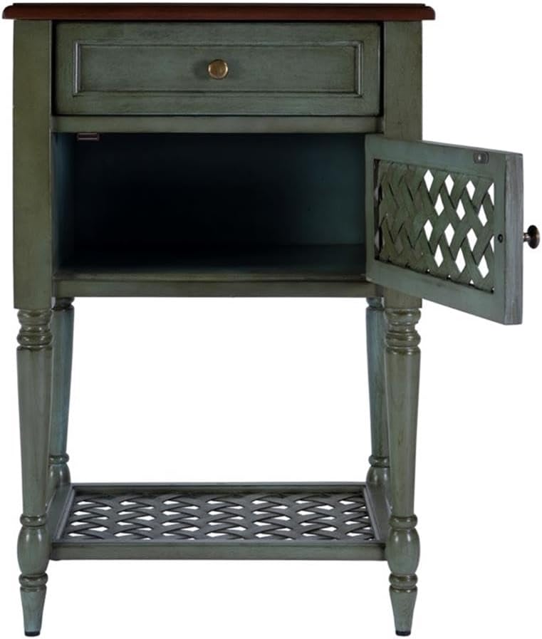 Beaumont Lane Rustic Wood End Table, 20" W x 16" D x 30.5" H, Mahogany Wood Solids & Veneer, Green Paint and Mahogany Finish, Drawer & Cabinet Storage, Antique Brass Pulls, Living Room Furniture