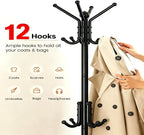 12 Hooks Freestanding Coat Rack Stand, Heavy Duty Metal Coat Tree with Stable Base, 67.7" Tall Black Coat Hanger for Entryway Hallway Bedroom Office, Holds Coats Hats Bags Without Wobbling