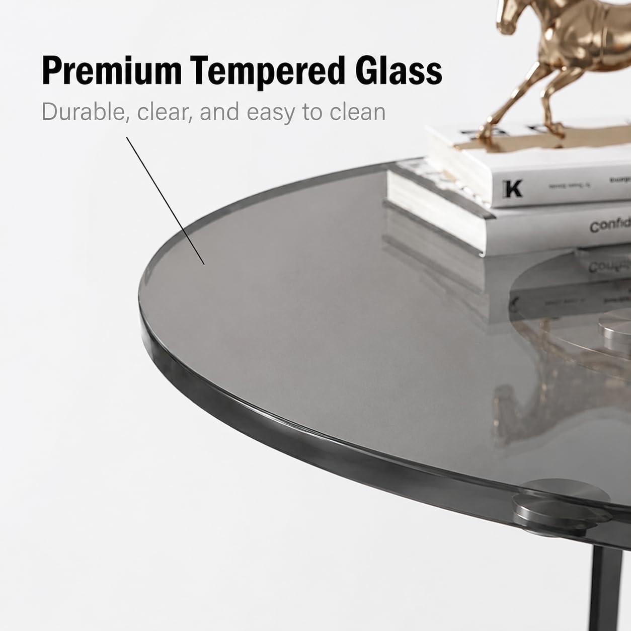 Round Tempered Glass Side Table, Black Metal End Table with Gray Glass Top, Modern Accent Table for Living Room, Bedroom, Sofa Side, Small Spaces