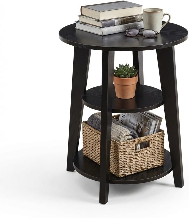 3-Tier Round Side Table - 23.6" Tall End Table with Storage Shelves - Waterproof Modern Nightstand for Living Room Bedroom Small Spaces (Black)