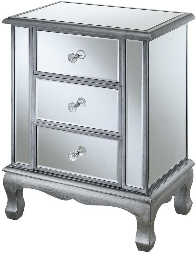 Furnifact Glam Mirrored End Table with 3 Drawers, Small Accent Nightstand for Bedroom or Living Room, Easy 2-Step Assembly, Silver