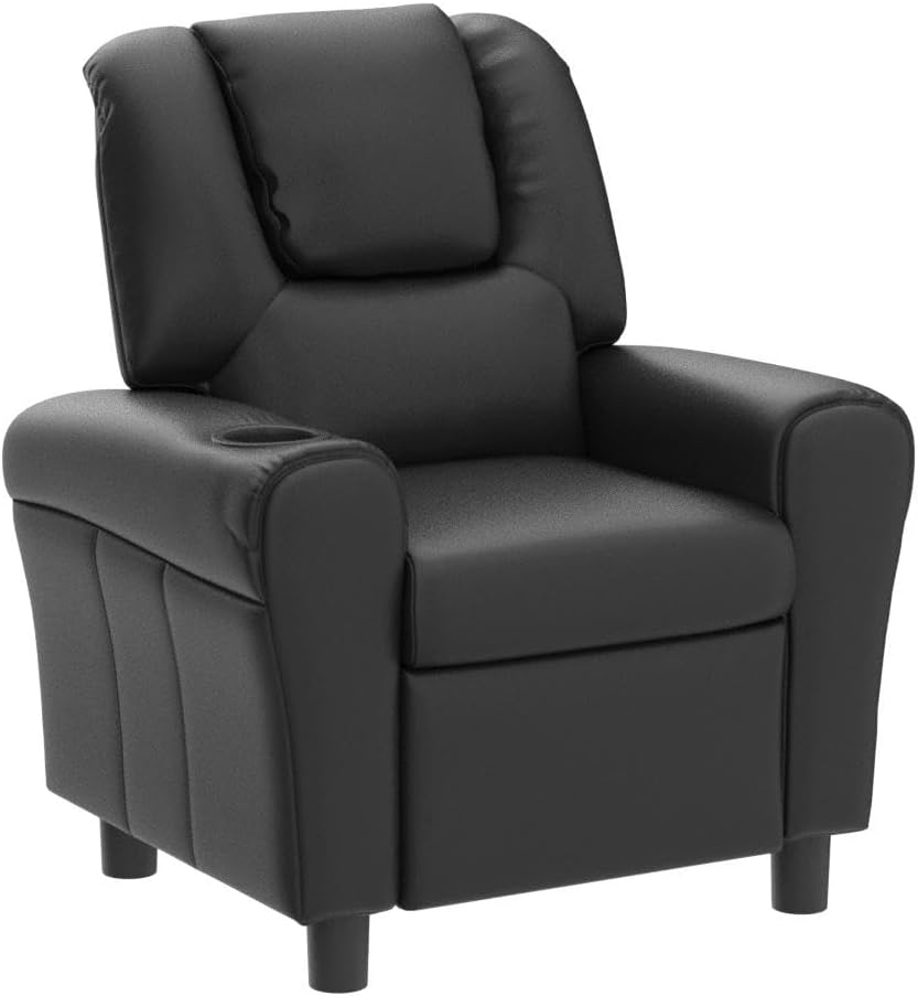 ARLIME Kids Recliner Chair, Toddler Armchair Upholstered Couch with Cup Holder, Backrest, Baby Leather Sofa with Headrest and Footrest, Child Furniture for Ages 2-7 (Black)
