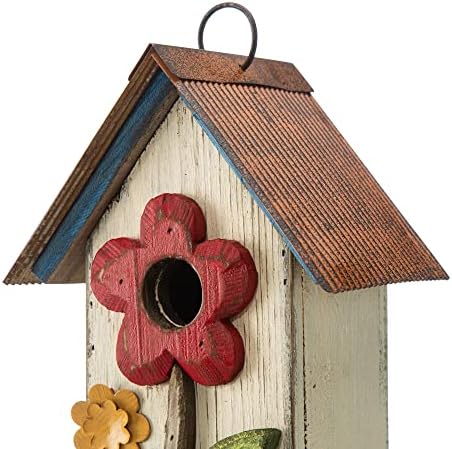Glitzhome Bird House for Outdoor Hanging, 10.2" H Garden Decorative Birdhouse Pet Cottage Distressed Wooden Bird House for Outside, Bird Nest Box for Bluebird Wren Chickadee Sparrow, Flower White