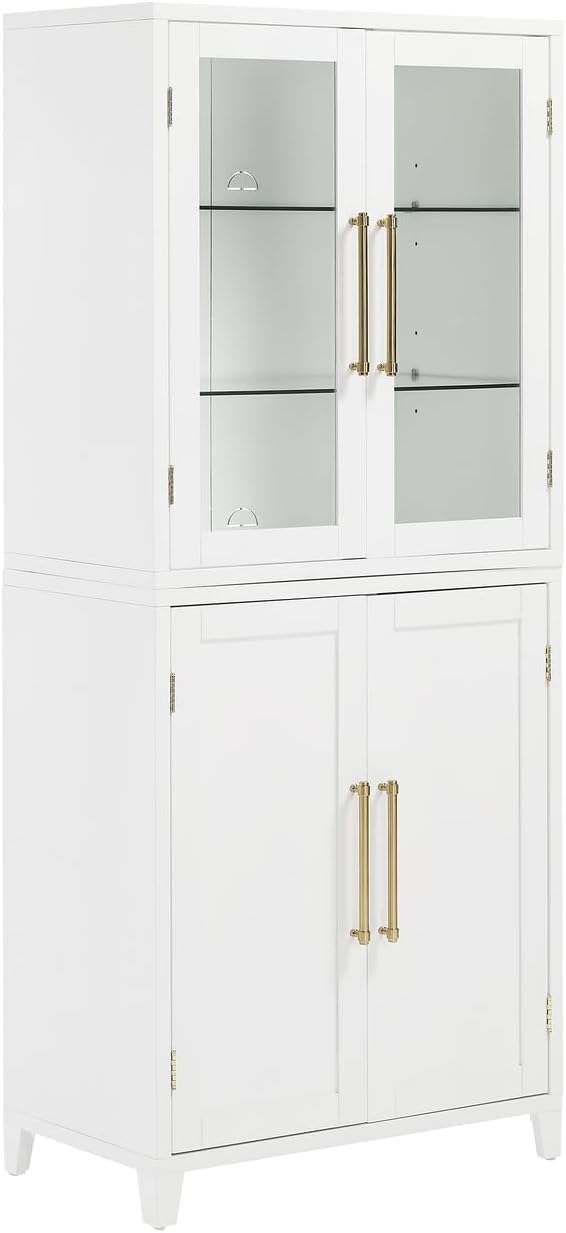 HomeStock Pantry Storage Cabinet with Glass Door - White Wood Kitchen Hutch & Shelves - 30" W x 15.75" D x 70.63" H