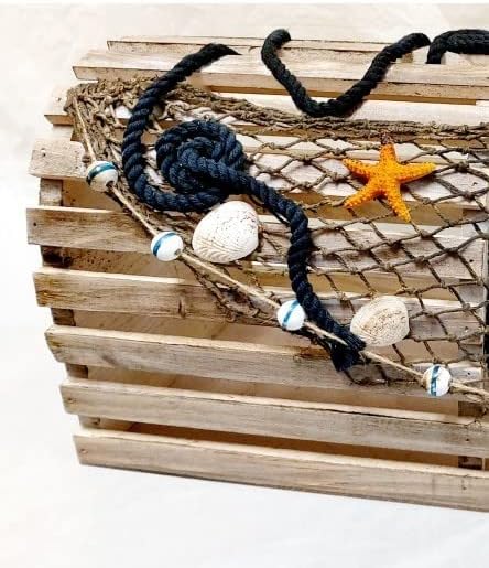 Decorative Lobster Trap Decor – Well Crafted Distressed Wood - Features Fishnet, Seashells Crab Starfish - Nautical Decorations for Home, Boats and Beach House - Decorative Crab Trap Gift Box