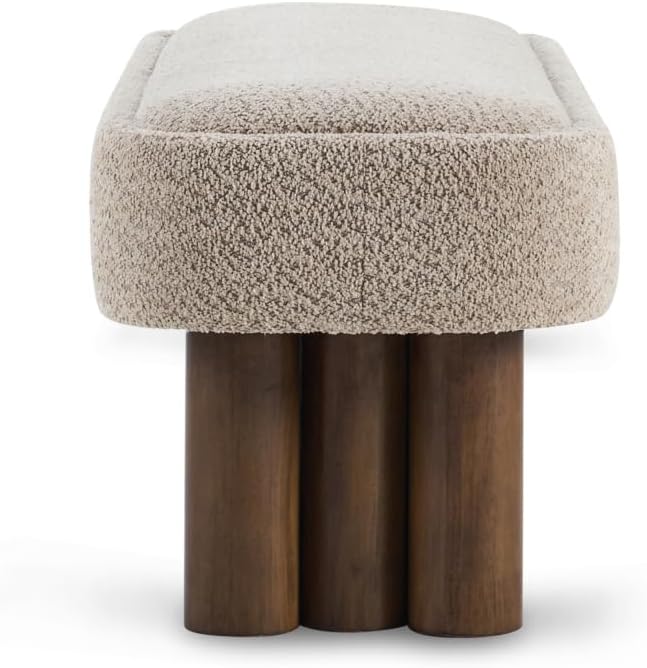 Khaki Boucle Upholstered Dining Bench with Walnut Legs, 51.57"L | Seats 2-3 People, 250 lbs Capacity, Foam-Padded Cushion, Rubberwood & Plywood Frame, 51.57L x 17.52W x 18.7H cm