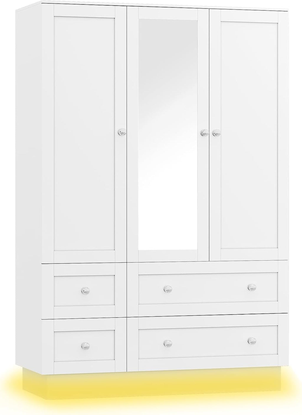 VOWNER Wardrobe Closet with 3 Doors Bedroom Armoire with Mirror & 4 Drawers | Large Capacity Storage Closet with LED Light and Hanging Rod for Bedroom, White 47" L
