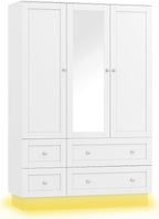 VOWNER Wardrobe Closet with 3 Doors Bedroom Armoire with Mirror & 4 Drawers | Large Capacity Storage Closet with LED Light and Hanging Rod for Bedroom, White 47" L