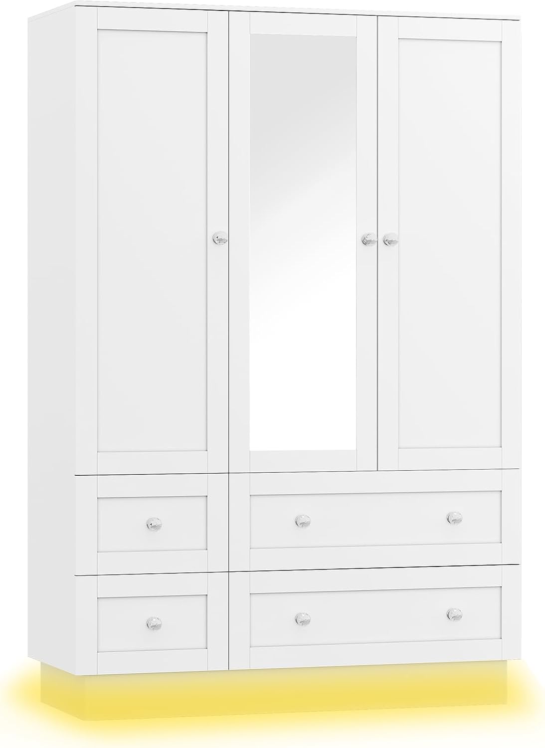 VOWNER Wardrobe Closet with 3 Doors Bedroom Armoire with Mirror & 4 Drawers | Large Capacity Storage Closet with LED Light and Hanging Rod for Bedroom, White 47" L