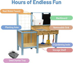 Kids Potting Bench for Outdoor, Fir Wood Gardening Station with Transparent Planter Box, Outside Activity Wooden Table with Sink,Faucet, Garden Accessories, Mud Kitchen for Kids 3+