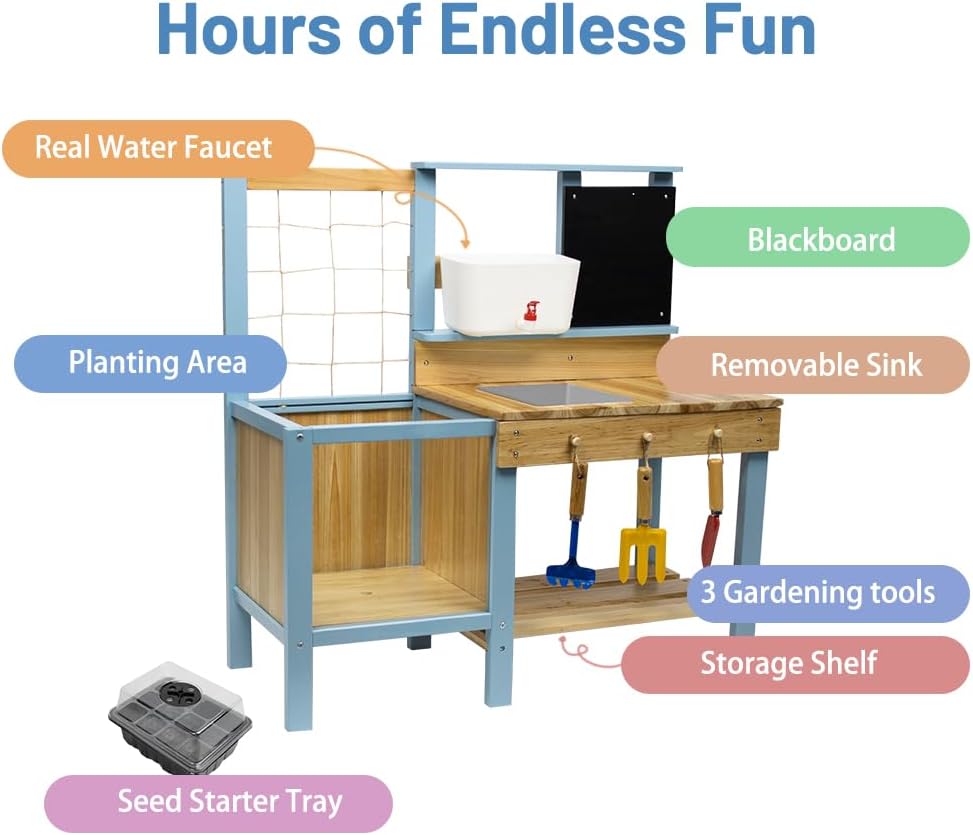 Kids Potting Bench for Outdoor, Fir Wood Gardening Station with Transparent Planter Box, Outside Activity Wooden Table with Sink,Faucet, Garden Accessories, Mud Kitchen for Kids 3+