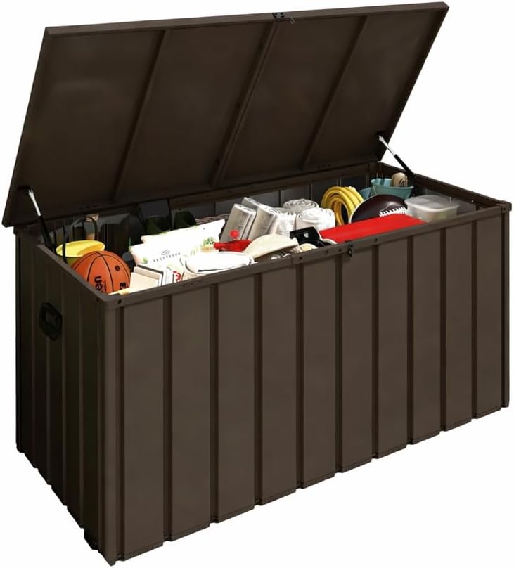 Steel & Plastic Outdoor Storage Box, Lockable Patio Storage Bench with Hydraulic Lid, Side Handles & Rolling Wheels for Backyard Garden Pool Tools and Furniture Accessories (Brown)