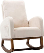 Nursery Rocking Chair,Upholstered Fabric Accent Armchair,Wooden Padded Seat with 2-Side Pocket,Nursing Chair with Rubber Wood Legs,Glider Chair for Nursery,Living Room,Home Office (Beige)
