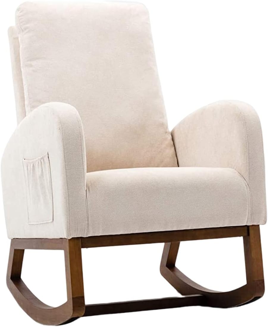 Nursery Rocking Chair,Upholstered Fabric Accent Armchair,Wooden Padded Seat with 2-Side Pocket,Nursing Chair with Rubber Wood Legs,Glider Chair for Nursery,Living Room,Home Office (Beige)