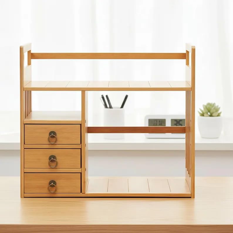 Natural Bamboo Desktop Organizer with 3 Drawers, Modern Minimalist Desk Storage Rack, Multi-Layer Shelf for Office Home Bedroom, Space-Saving Tabletop Organizer