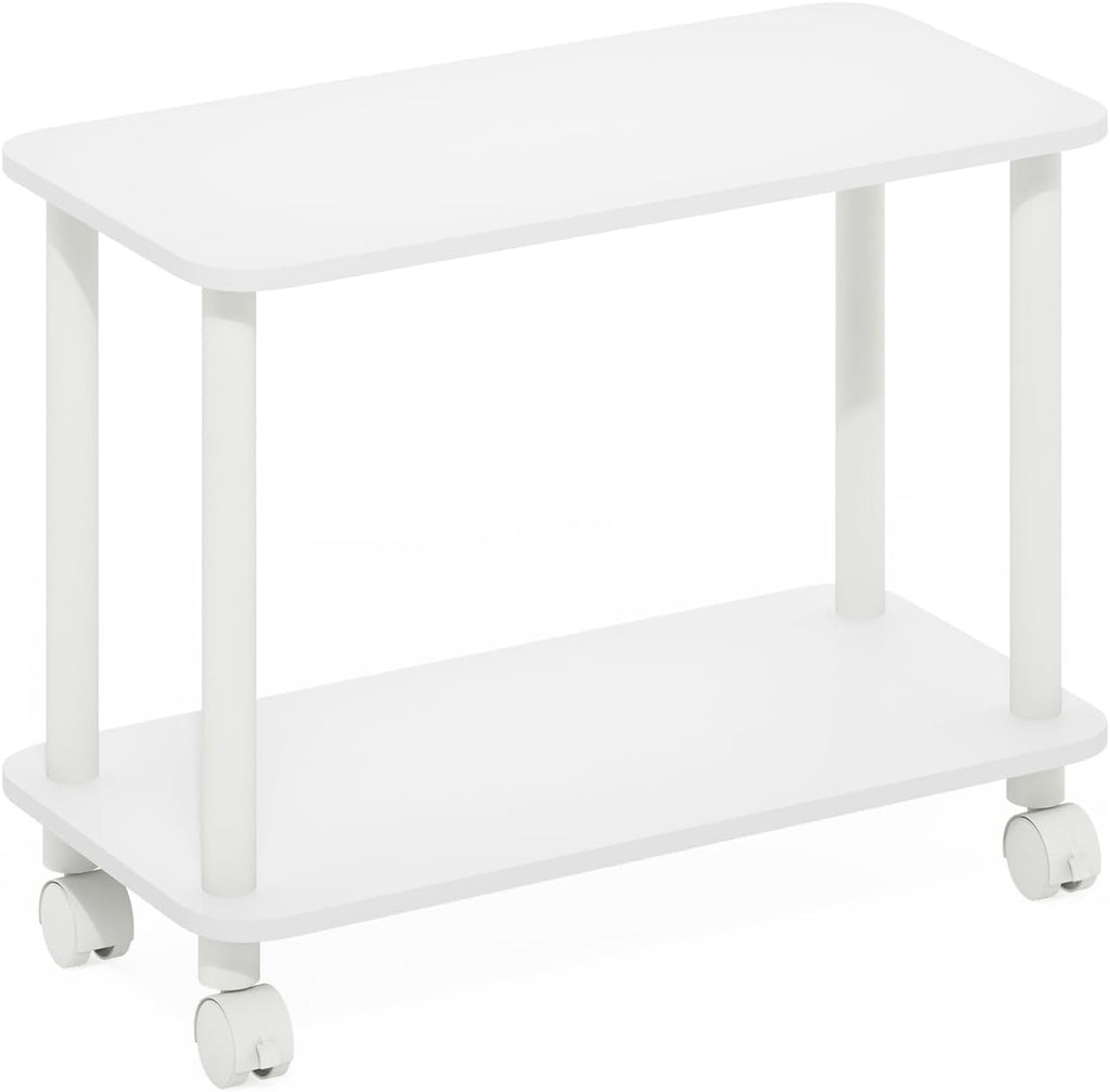 Modern End Table with Wheels 2 Tier Rectangular Side Table with Lockable Casters White Rolling Nightstand for Living Room Bedroom Small Spaces