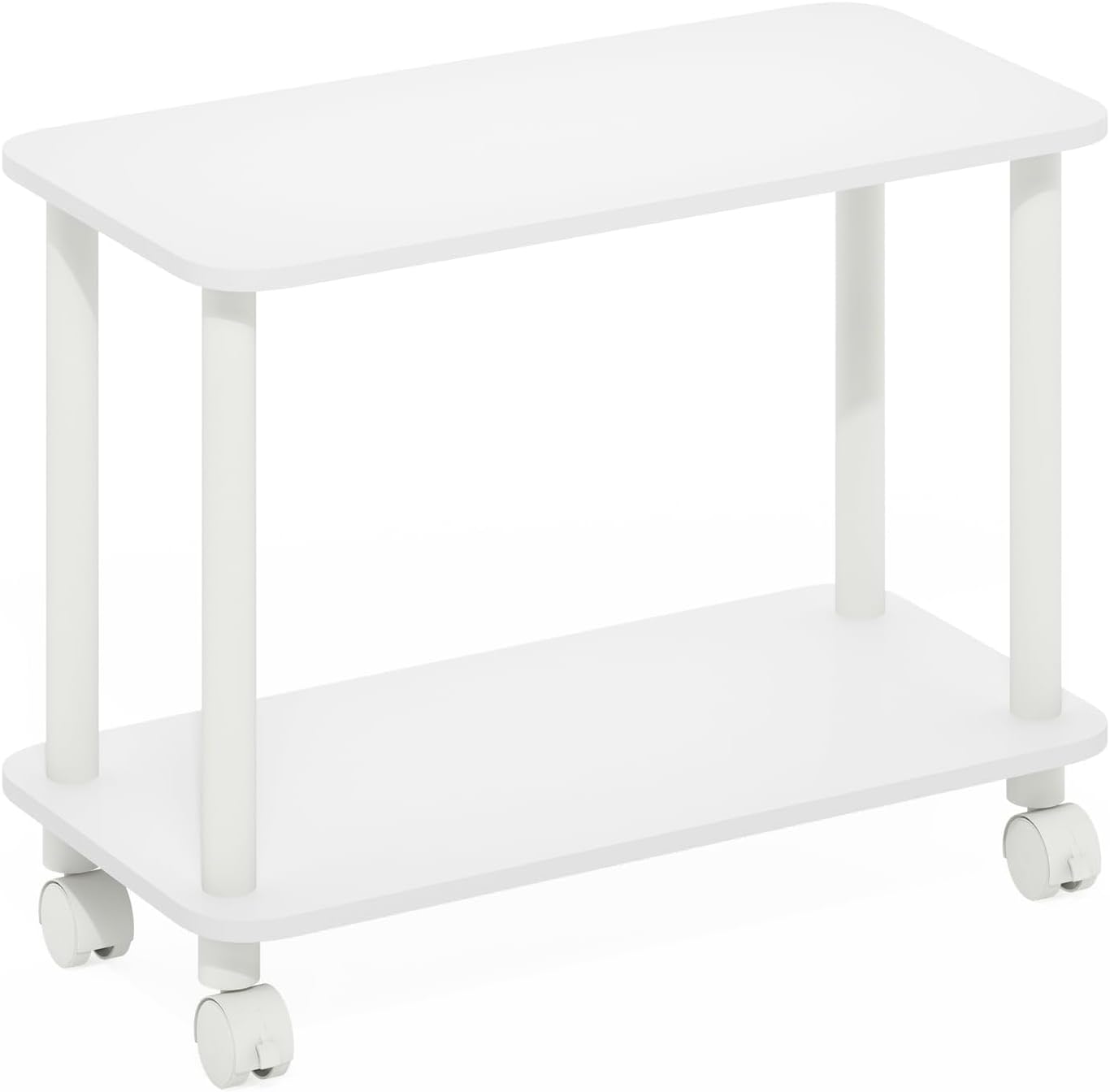 Modern End Table with Wheels 2 Tier Rectangular Side Table with Lockable Casters White Rolling Nightstand for Living Room Bedroom Small Spaces