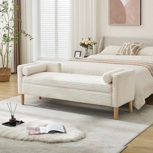 Corduroy Storage Soft Bench - Armrests, Backrest & 2 Bolster Pillows for Living Room Entryway Bedroom (65.35", Ivory)
