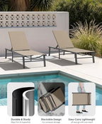Foldable Outdoor Lounge Chair, No Assembly Patio Chaise Lounge Outdoor with 5-Positions, Aluminum Pool Lounge Chair with Portable Design for Pool, Beach, Deck, Backyard, Khaki