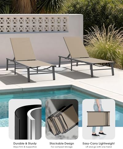 Foldable Outdoor Lounge Chair, No Assembly Patio Chaise Lounge Outdoor with 5-Positions, Aluminum Pool Lounge Chair with Portable Design for Pool, Beach, Deck, Backyard, Khaki