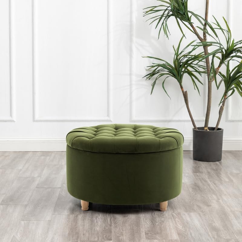 Niche Knight 28-Inch Large Round Pintucked Storage Ottoman with Lift-Off Lid, Tufted Upholstered Accent Footrest for Living Room, Bedroom, Entryway, Hidden Storage – Emerald Green