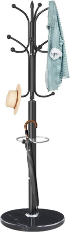 ZOZOE Metal Coat Rack Stand, Modern Coat Rack Freestanding with Natural Marble Base, Sturdy Coat Racks with 12 Hooks & Umbrella Holder,Black Coat Tree Hanger Stand for Bags,Hats,Entryway,Office