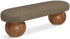 Pemberly Row Contemporary Boucle Fabric Bench, 59.5" W, Olive Green Upholstery, Walnut Ash Wood Ball-Shaped Legs, Art Deco Style, Living Room or Bedroom Accent Seating
