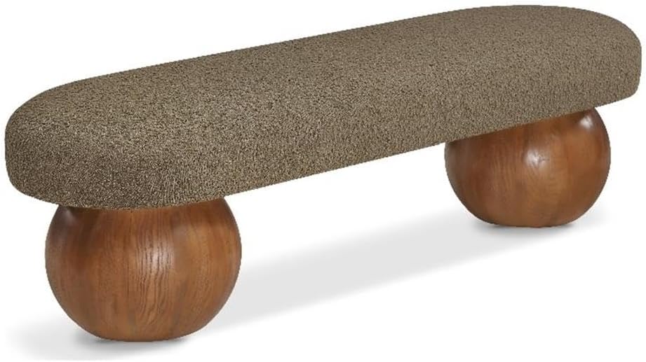 Pemberly Row Contemporary Boucle Fabric Bench, 59.5" W, Olive Green Upholstery, Walnut Ash Wood Ball-Shaped Legs, Art Deco Style, Living Room or Bedroom Accent Seating