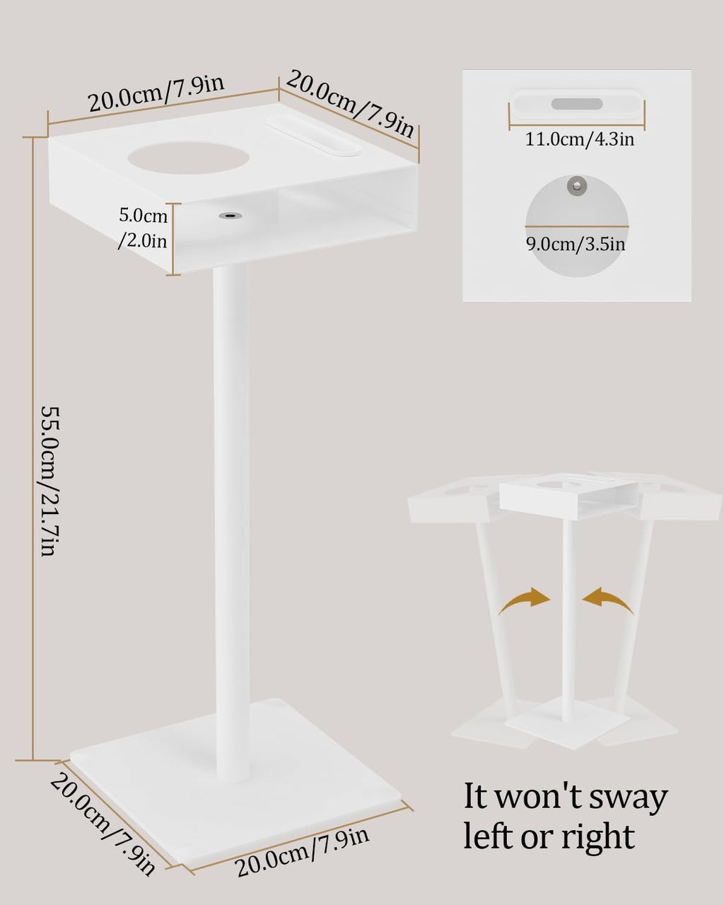Yawinhe Small Metal Side Table,Versatile Coffee Drink Table with Weighted Base, End Table for Small Spaces with Phone Holder,Suitable for Living Room, Bedroom,7.8x7.8x21.6in,White,1 Pack,USZJ201W-1