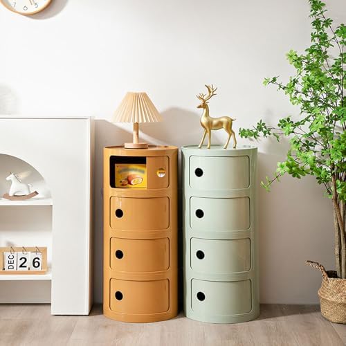 Round Nightstand with Drawers, Round Bedside Table 2/3/4 Tier Plastic Nightstand Storage, RoundStorage Cabinet with Sliding Door, Modern End Table Side Table for Bedroom (Red, 4 Tier)