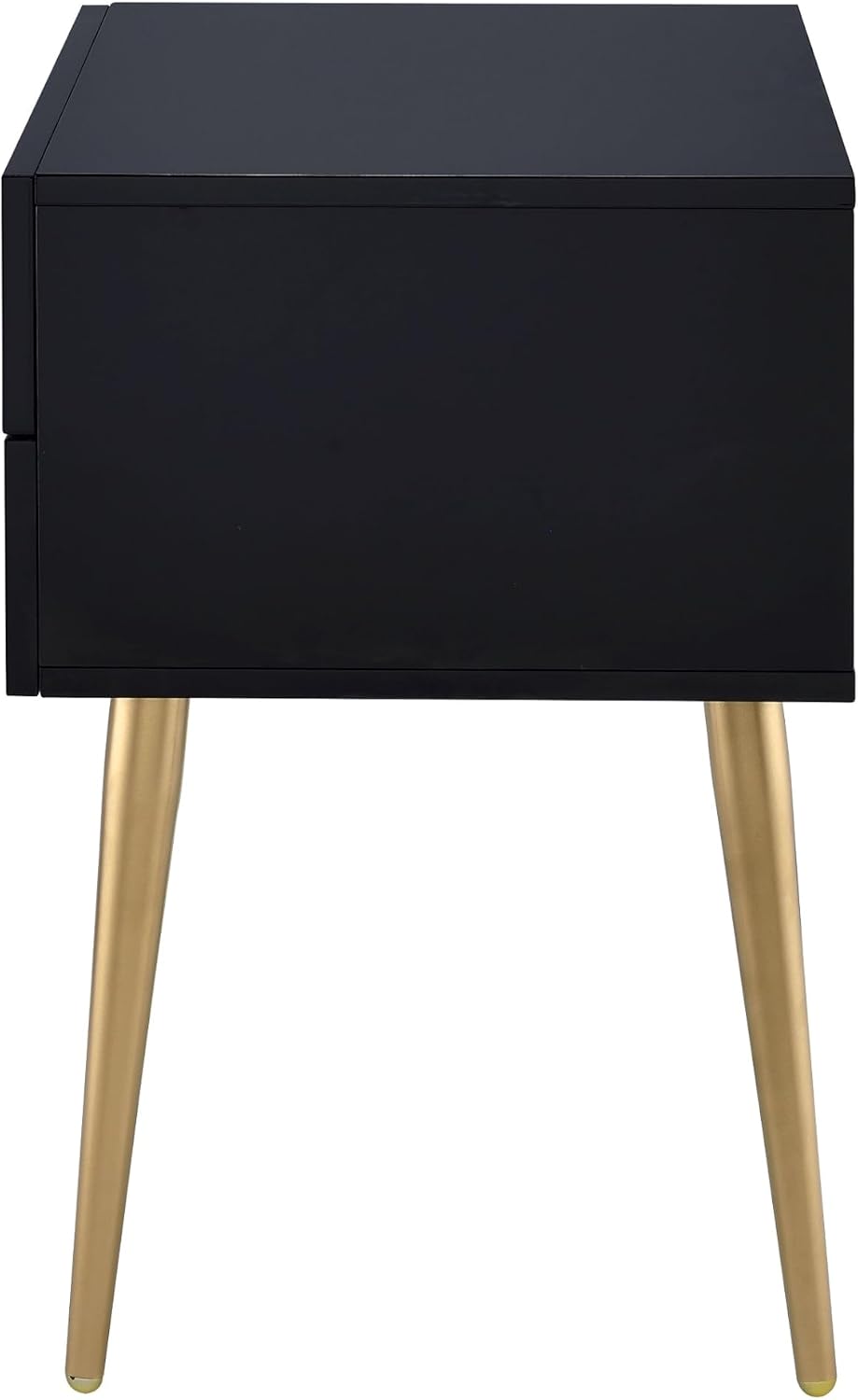 Penau Black and Gold End Table, Rectangular High Gloss Engineered Wood Top, Metal Tapered Gold Legs, 2 Drawers Storage Nightstand, 16.00 x 20.00 x 24.00 Inchs