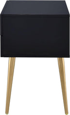 Penau Black and Gold End Table, Rectangular High Gloss Engineered Wood Top, Metal Tapered Gold Legs, 2 Drawers Storage Nightstand, 16.00 x 20.00 x 24.00 Inchs