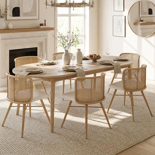 TYBOATLE Swivel Rattan Dining Chairs Set of 6, Farmhouse Boho Dining Room Chair with Rattan Woven Back and Faux Leather Seat, Upholstered Kithchen Chairs (Cream White)