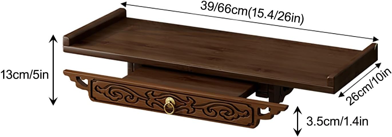Prayer Altar Personal Shrine Stand Wall-Mounted Buddha Altar Shelf Stand, with Storage Tier, Antique Carving Buddha Offering Table(66cm/26in)