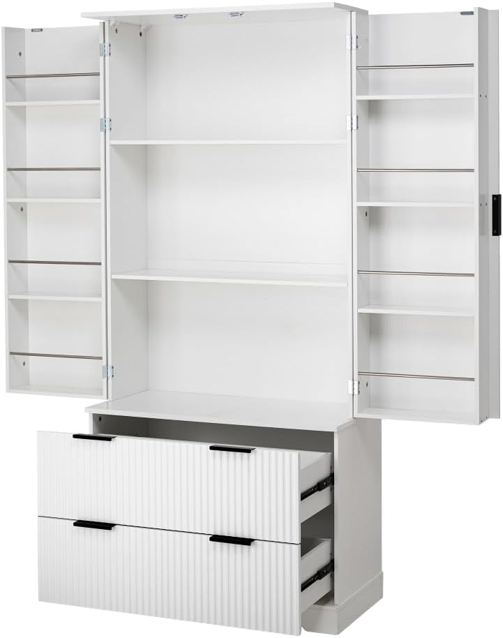 72" Modern Fluted Kitchen Pantry Cabinet with 2 Large Drawers & 8-Door Spice Rack, Freestanding Storage Organizer for Bathroom, Dining Room, Office, Entryway (White)