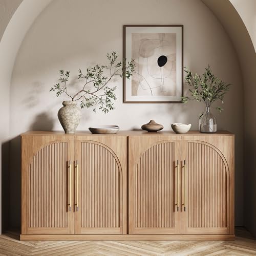 BELLEZE 65 Inch Sideboard Cabinet with Double-Arc Wood Doors, Large Buffet Cabinet with Storage and Adjustable Shelves, Classic Modern Console Table for Dining Room Living Room Entryway (Camel)