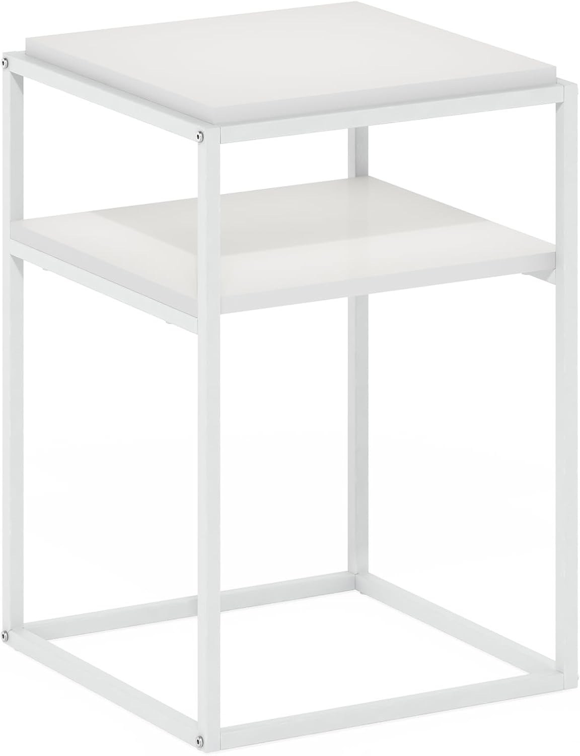 Furinno Moretti Side Table, 2-Tier Stackable Metal Frame End Table with Open Shelf, Night Stand, Bedside Table, Toolless Assembly, for Living Room, Bedroom, Solid White