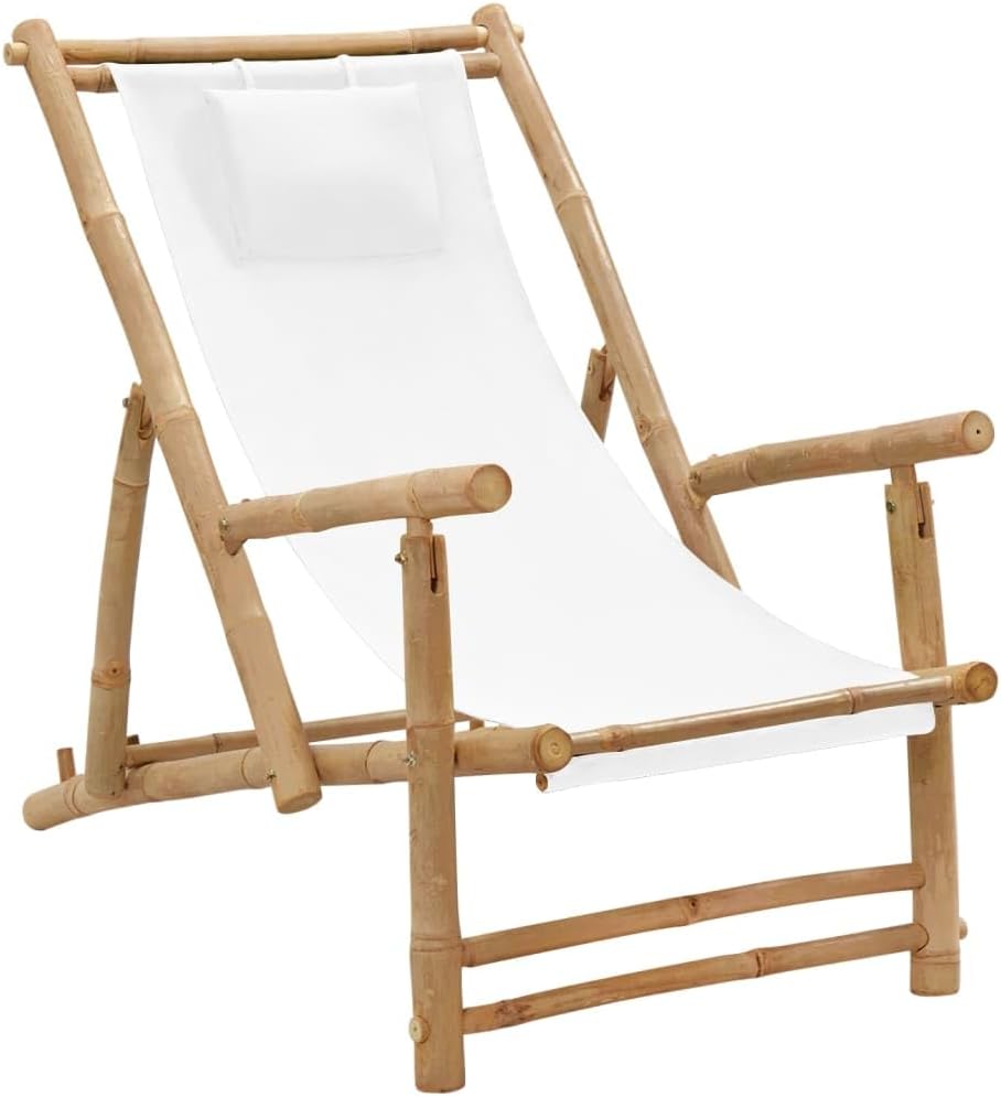 Bamboo and Canvas Deck Chair, Folding Lounge Chair for Outdoor Patio Garden and Balcony, Adjustable Reclining Sling Chair with Cream White Fabric, Durable Frame for Sun Lounging