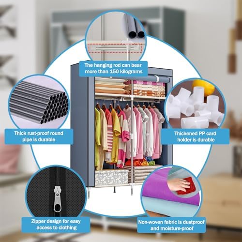 Portable Canvas Wardrobes for Bedroom,Canvas Wardrobe,Foldable Clothes Storage Organiser with Shelves,2 Hanging Rail,Clothing Wardrobe Shelves Cupboard,Grey
