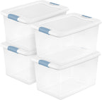 Sterilite 4-Pack 64 Quart Latching Box, Clear Plastic Storage Organizer Bins with White Lids - Large Stackable Containers for Home Bedroom, Dorm Room, and Closet Organization