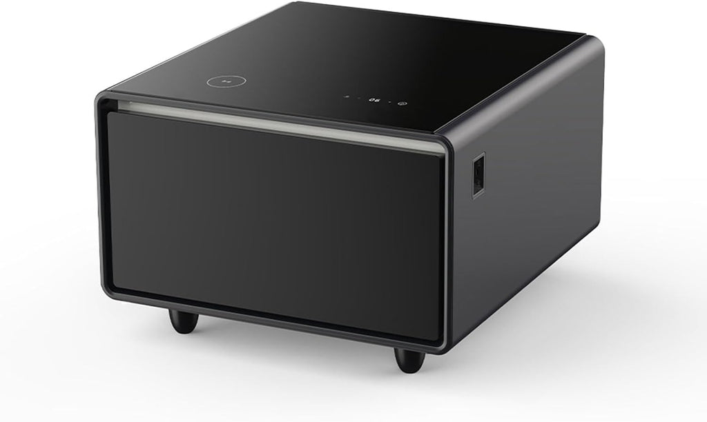 Modern Smart Side Table with Built-in Fridge Drawer (37-46°F), 15W Wireless Charging Nightstand, End Table with 2 Power Outlets, USB/Type-C Ports, Induction Light for Bedroom/Living Room, (Black)